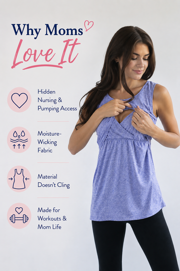 Breastfeeding mom wearing a workout top with hidden nursing and pumping access. 