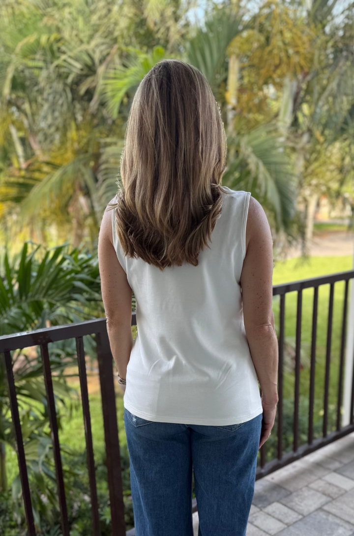 Back view of white zipper nursing tank top.