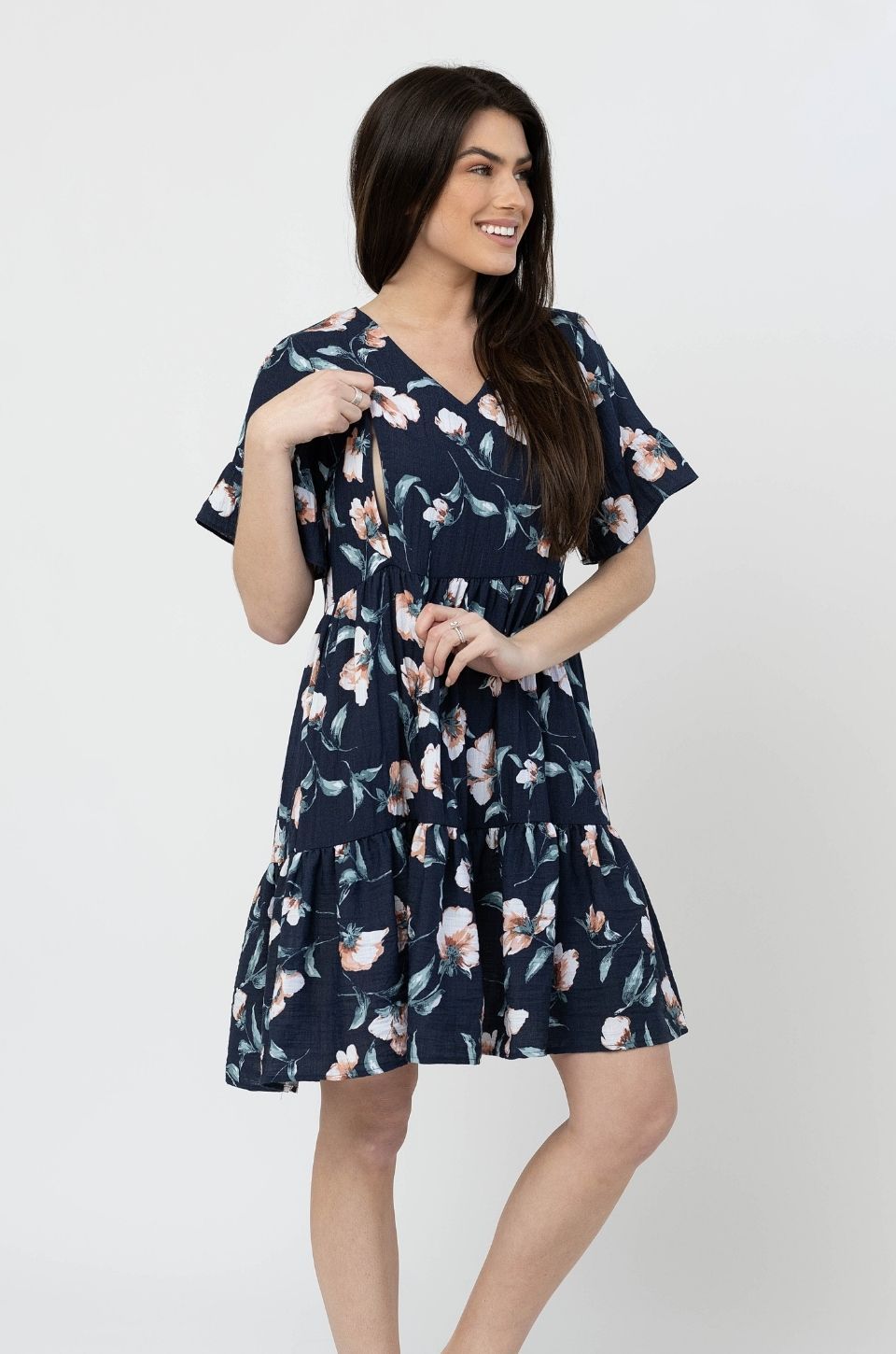 Floral Nursing Dress With Pockets -Bell Sleeve- Navy Floral