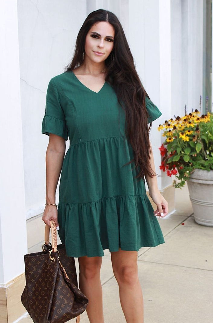 Cotton Nursing Dress With Pockets -Bell Sleeve- Green