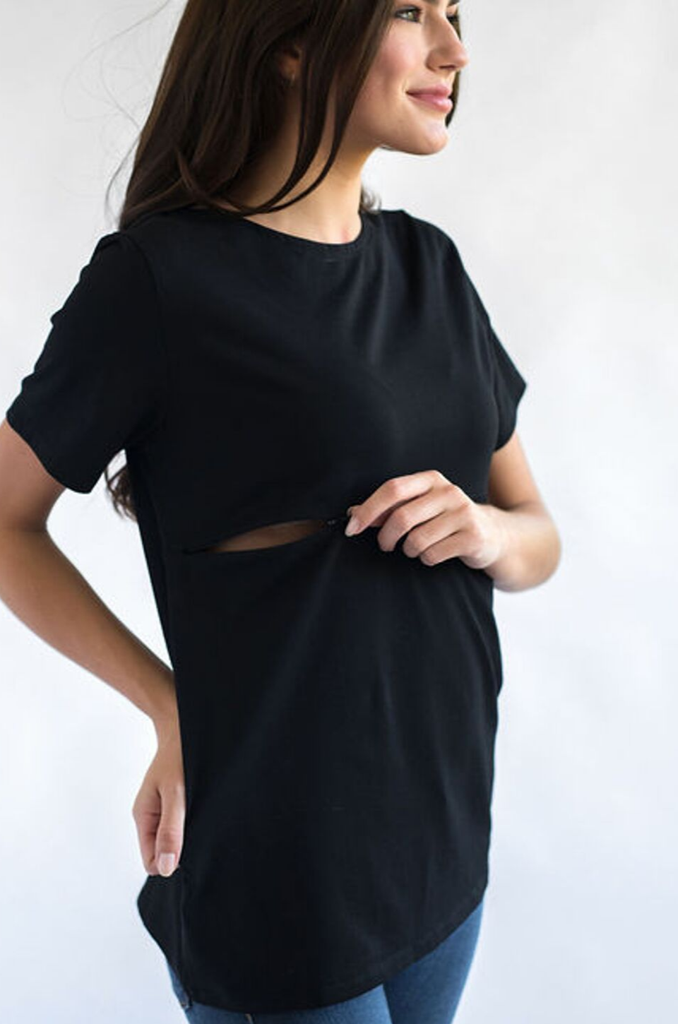 Close-up of hidden zipper nursing access on black cotton breastfeeding T-shirt shown open