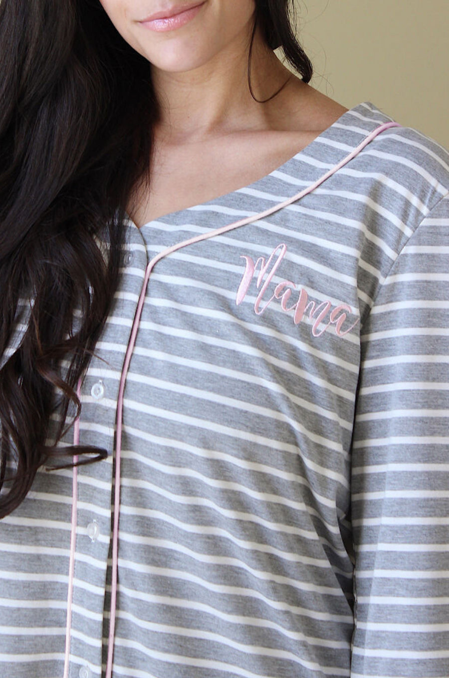 "MAMA" Nursing Pajamas Striped Henley Sleep Shirt