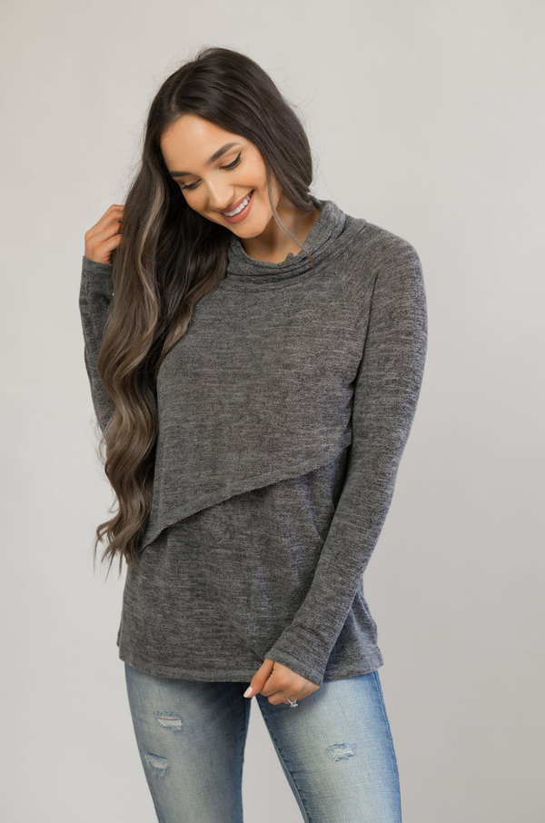 Nursing Sweater With Asymmetrical Flap- Gray