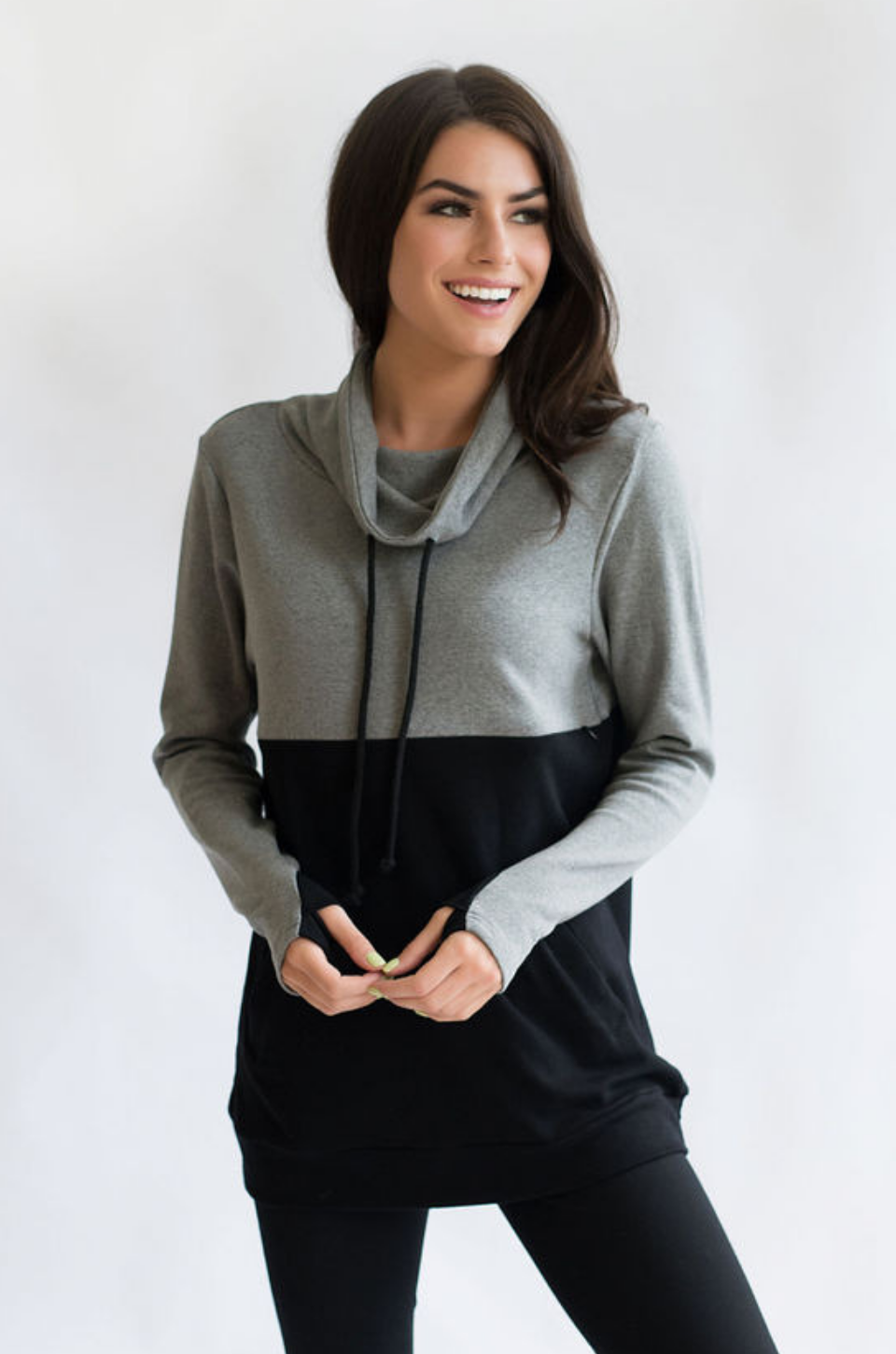 grey cowl neck sweatshirt