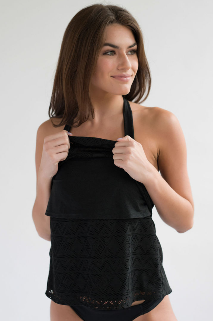 Black nursing swimsuit for breastfeeding with lift up flap