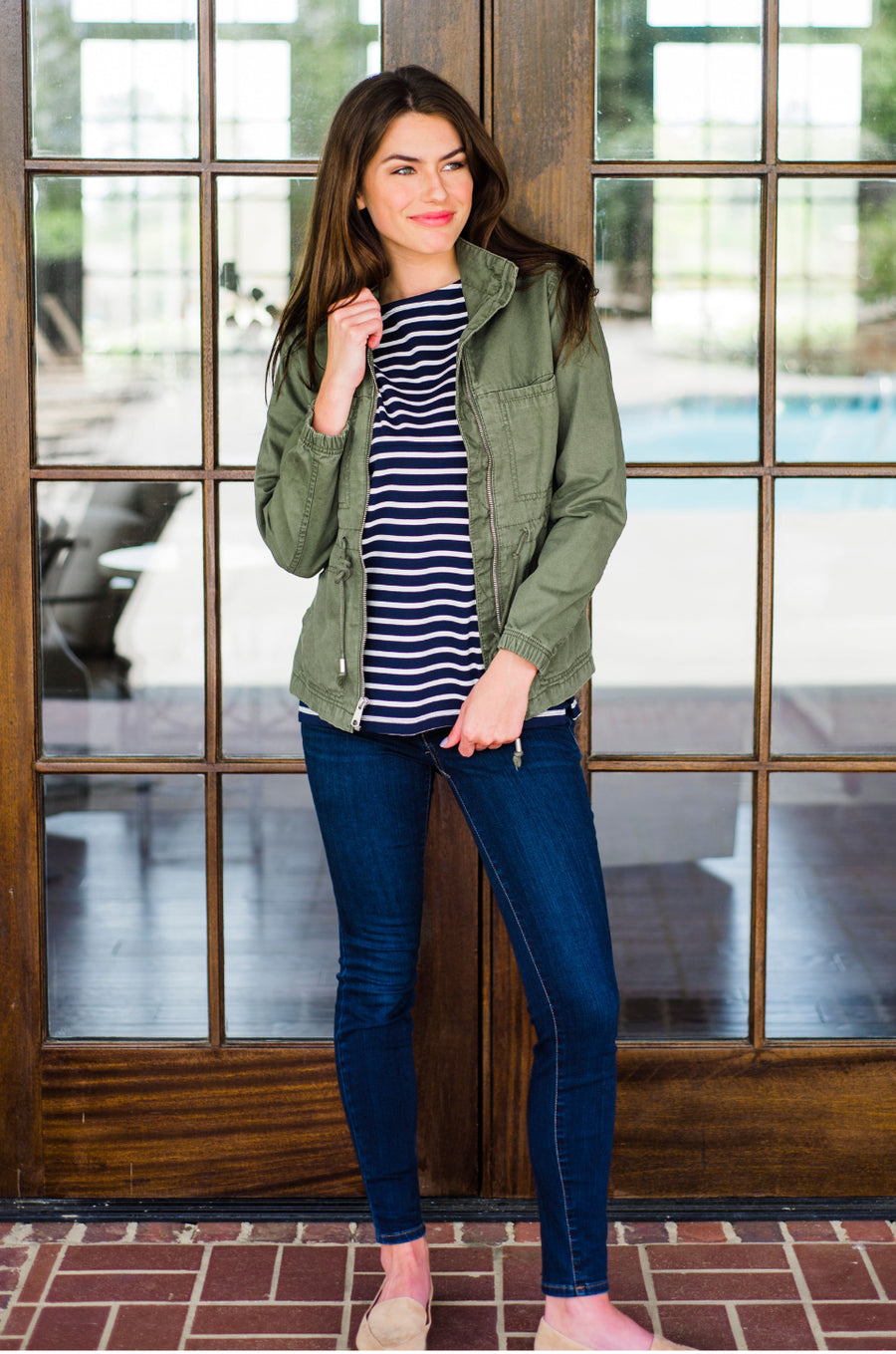 Striped Nursing Top 3/4 Sleeve With Hidden Zipper Navy/White