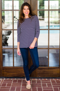 Striped Nursing Top - 3/4 Sleeve With Hidden Zipper- Navy/White
