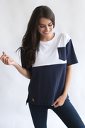 Nursing t-shirt for breastfeeding cotton colorblock blue and white