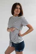Striped nursing tee with hidden zipper and front tie