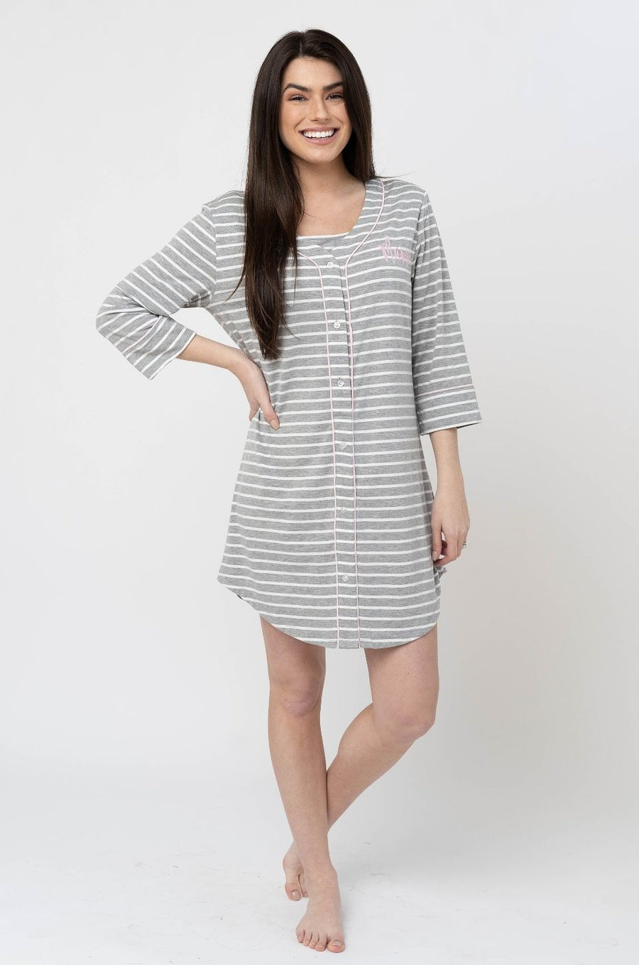 "MAMA" Nursing Pajamas Striped Henley Sleep Shirt