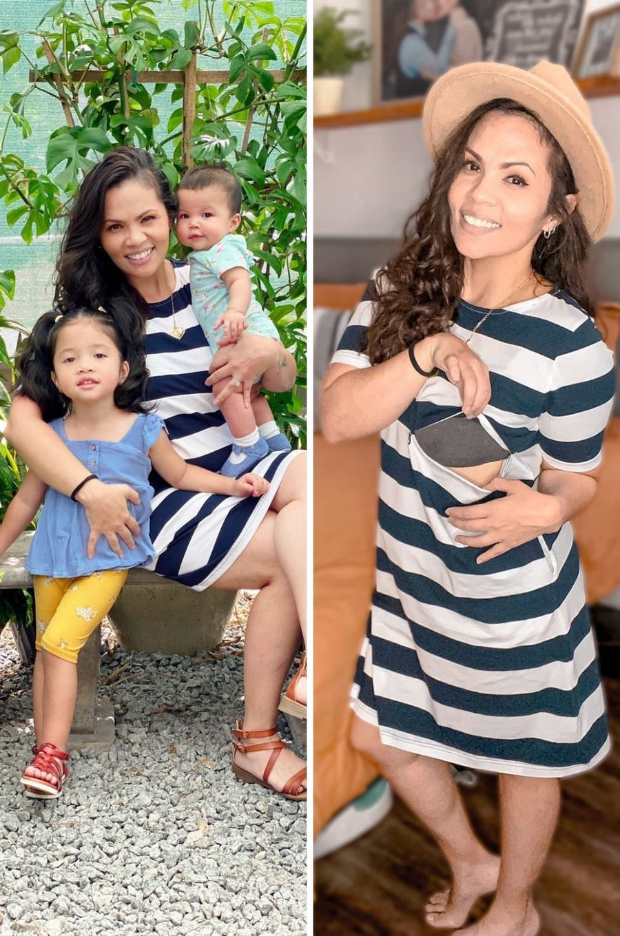 Nursing Dress With Pockets Hidden Zipper WIDE Stripe Navy/White