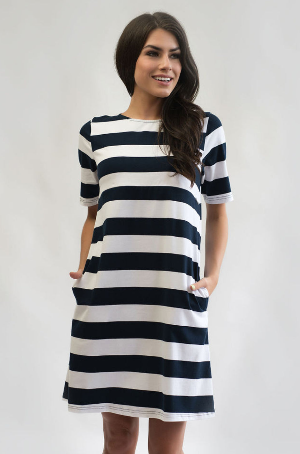 Nursing Dress With Pockets Hidden Zipper WIDE Stripe Navy/White